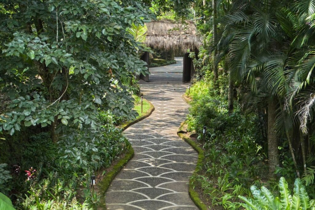 Garden pathway leading to thatched entrance hut