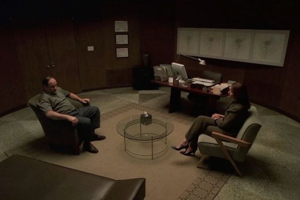 Two people in a therapist office session.