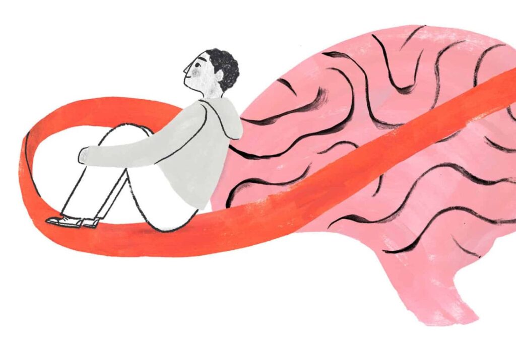 Person sitting inside large illustrated brain
