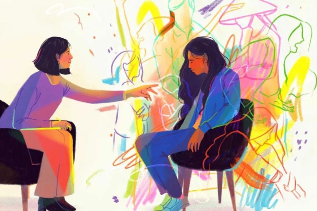 Colorful illustration of a therapist reaching toward a seated woman who looks downcast, with abstract, sketch-like figures and bright colors behind her representing inner thoughts or emotions.